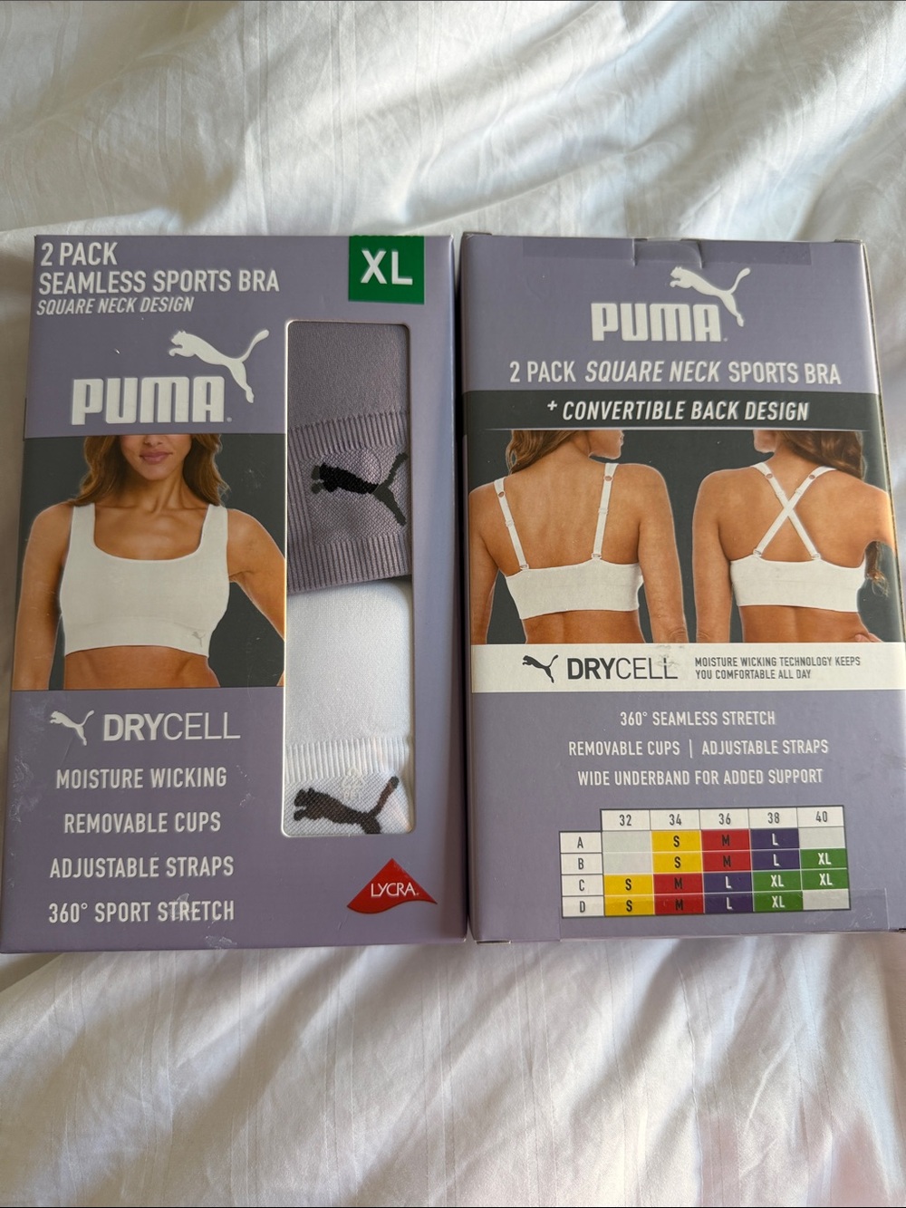 Puma 2-Pack Seamless Square Neck Sports Bras in White and Light Gray